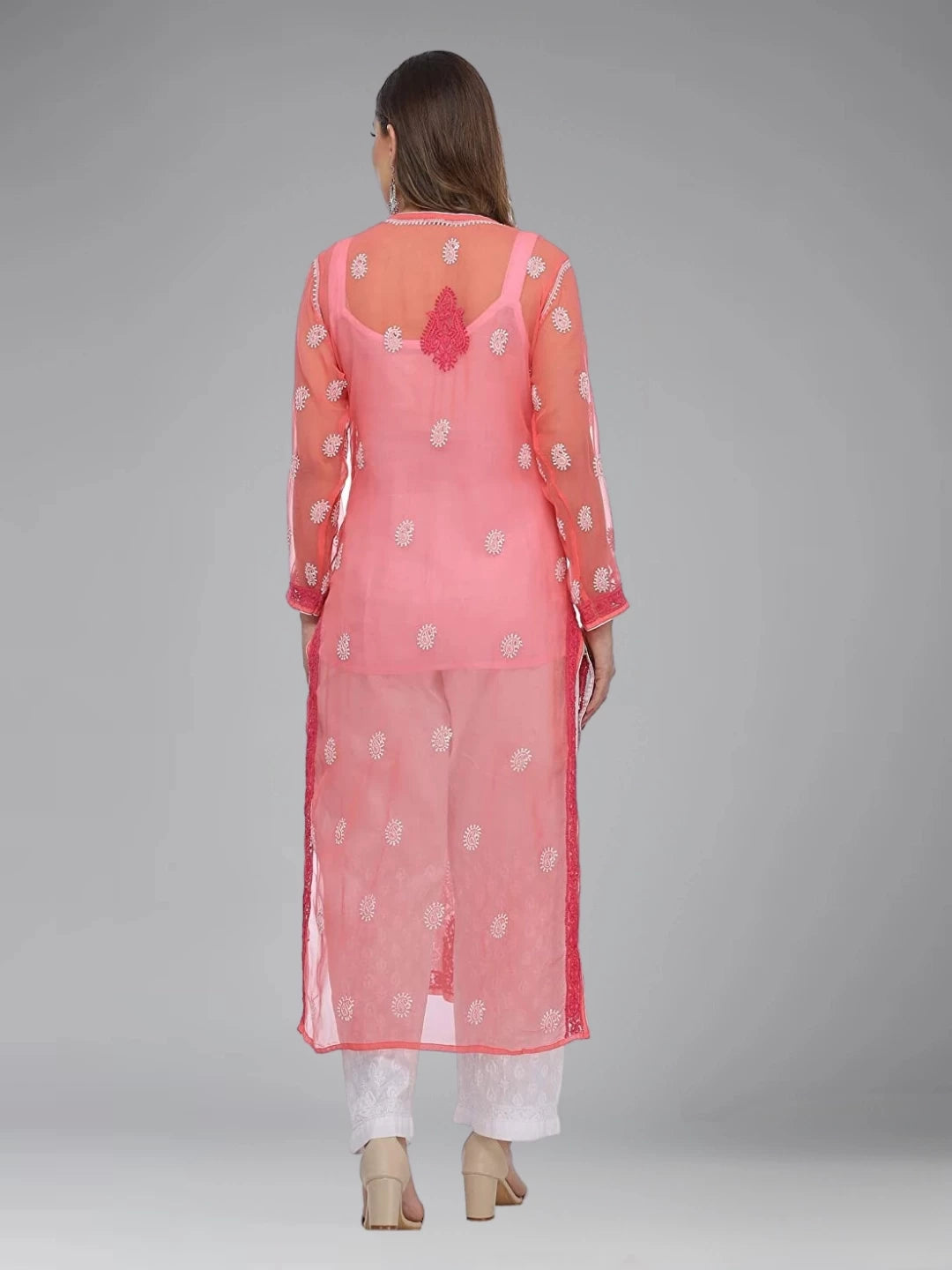 Ada Hand Embroidered Carrot Pink Georgette Lucknowi Chikankari Straight Kurta with Slip A223997