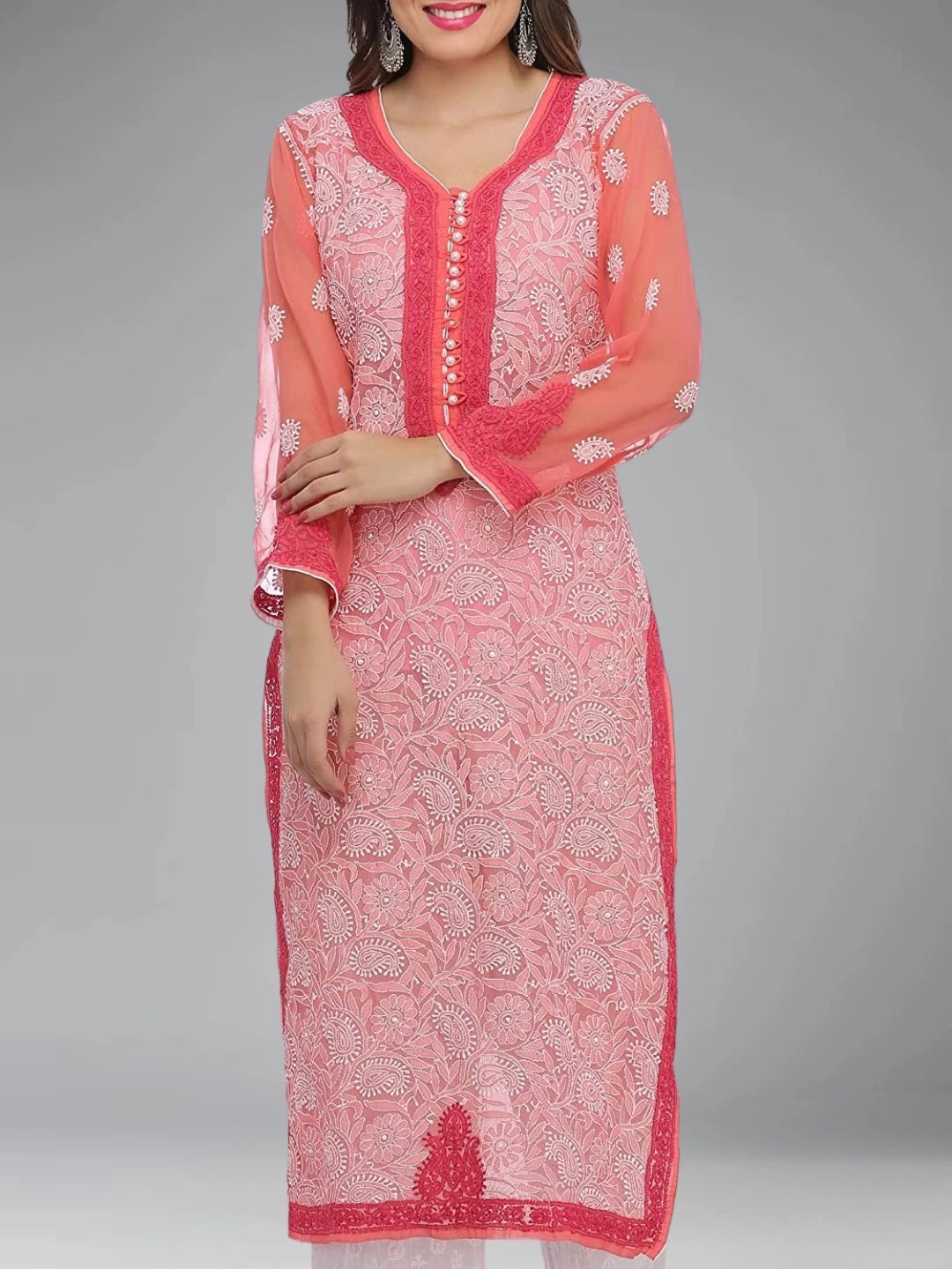 Ada Hand Embroidered Carrot Pink Georgette Lucknowi Chikankari Straight Kurta with Slip A223997