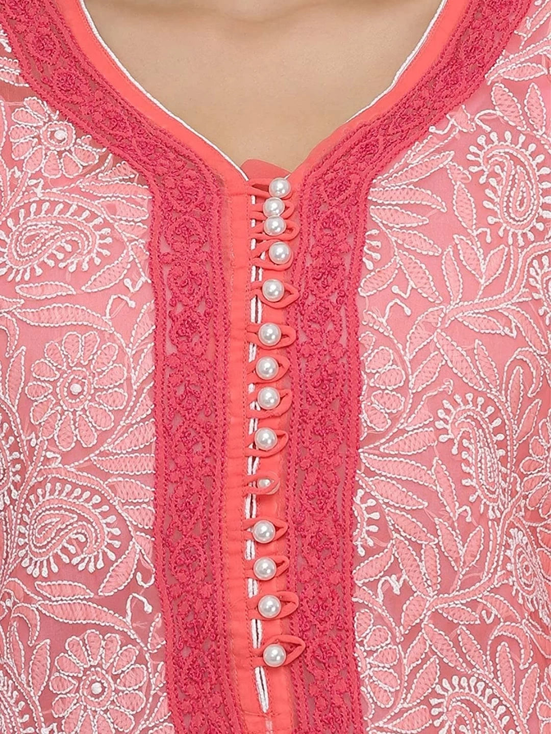 Ada Hand Embroidered Carrot Pink Georgette Lucknowi Chikankari Straight Kurta with Slip A223997