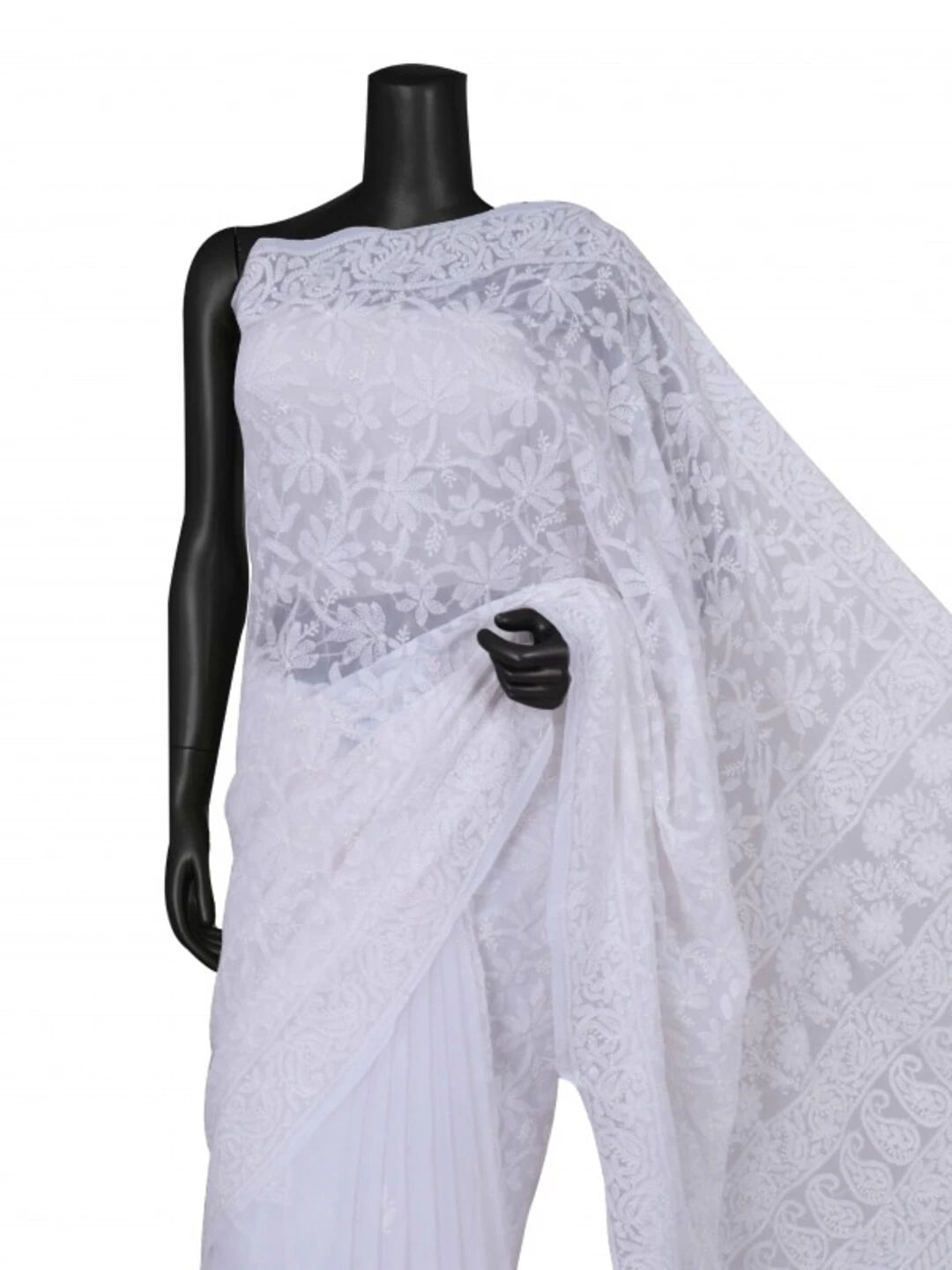 Ada Hand Embroidered White Georgette Lucknowi Chikankari Saree With Blouse 01A199459
