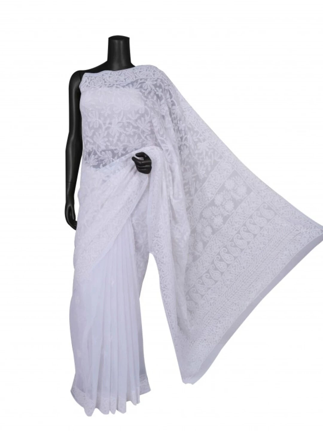 Ada Hand Embroidered White Georgette Lucknowi Chikankari Saree With Blouse 01A199459