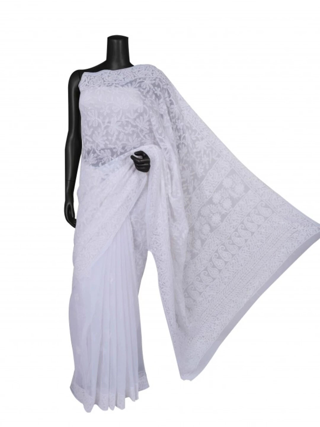 Ada Hand Embroidered White Georgette Lucknowi Chikankari Saree With Blouse 01A199459