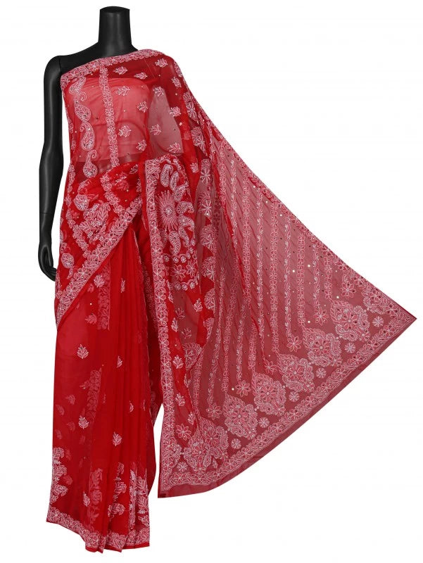 Ada Hand Embroidered Red Georgette Lucknowi Chikankari Saree/Blouse With Muqaish Work 01A190064
