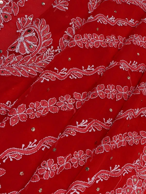 Ada Hand Embroidered Red Georgette Lucknowi Chikankari Saree/Blouse With Muqaish Work 01A190064