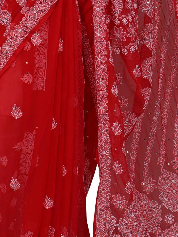 Ada Hand Embroidered Red Georgette Lucknowi Chikankari Saree/Blouse With Muqaish Work 01A190064