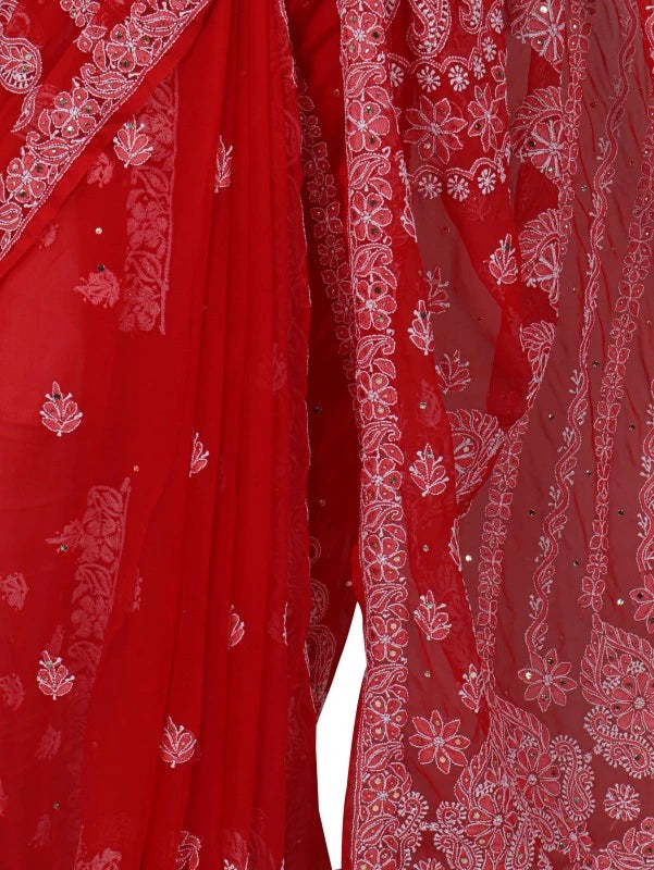 Ada Hand Embroidered Red Georgette Lucknowi Chikankari Saree/Blouse With Muqaish Work 01A190064