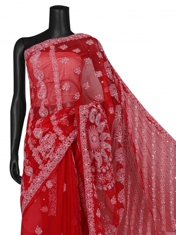 Ada Hand Embroidered Red Georgette Lucknowi Chikankari Saree/Blouse With Muqaish Work 01A190064