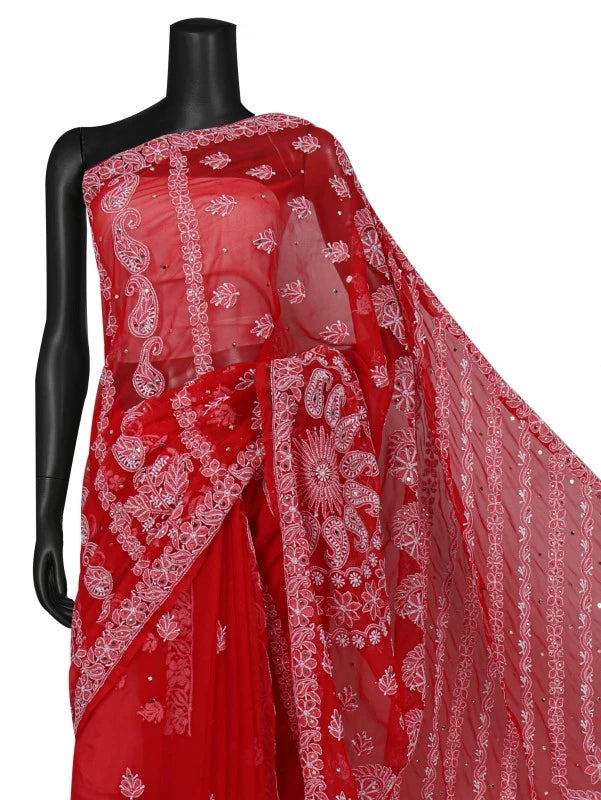 Ada Hand Embroidered Red Georgette Lucknowi Chikankari Saree/Blouse With Muqaish Work 01A190064