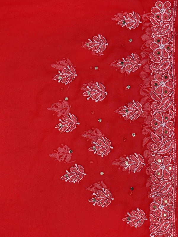 Ada Hand Embroidered Red Georgette Lucknowi Chikankari Saree/Blouse With Muqaish Work 01A190064