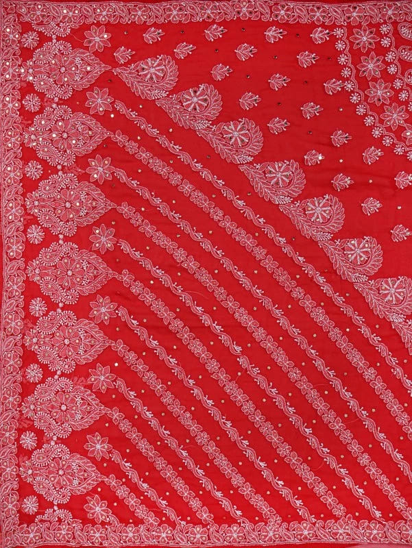 Ada Hand Embroidered Red Georgette Lucknowi Chikankari Saree/Blouse With Muqaish Work 01A190064