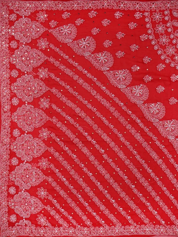 Ada Hand Embroidered Red Georgette Lucknowi Chikankari Saree/Blouse With Muqaish Work 01A190064