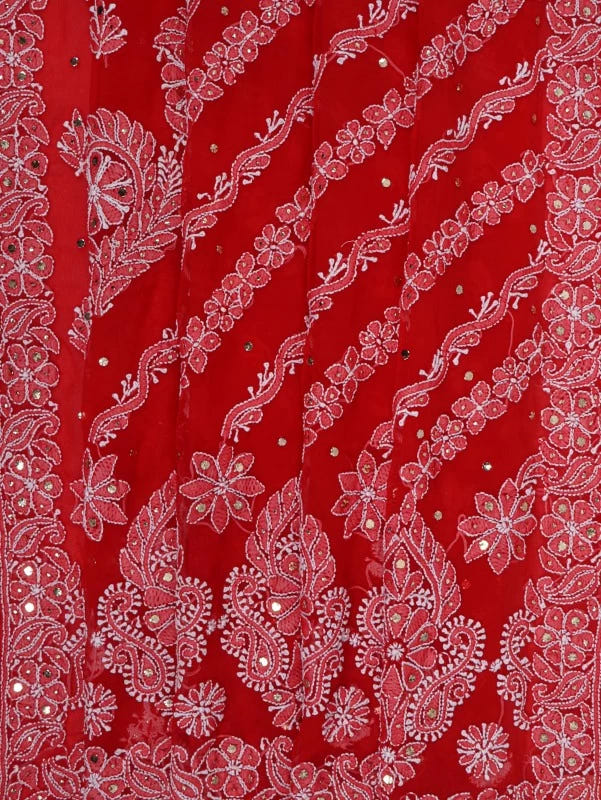 Ada Hand Embroidered Red Georgette Lucknowi Chikankari Saree/Blouse With Muqaish Work 01A190064