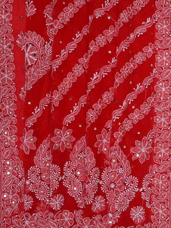 Ada Hand Embroidered Red Georgette Lucknowi Chikankari Saree/Blouse With Muqaish Work 01A190064