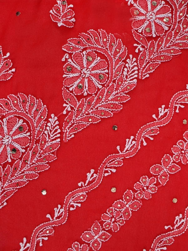 Ada Hand Embroidered Red Georgette Lucknowi Chikankari Saree/Blouse With Muqaish Work 01A190064