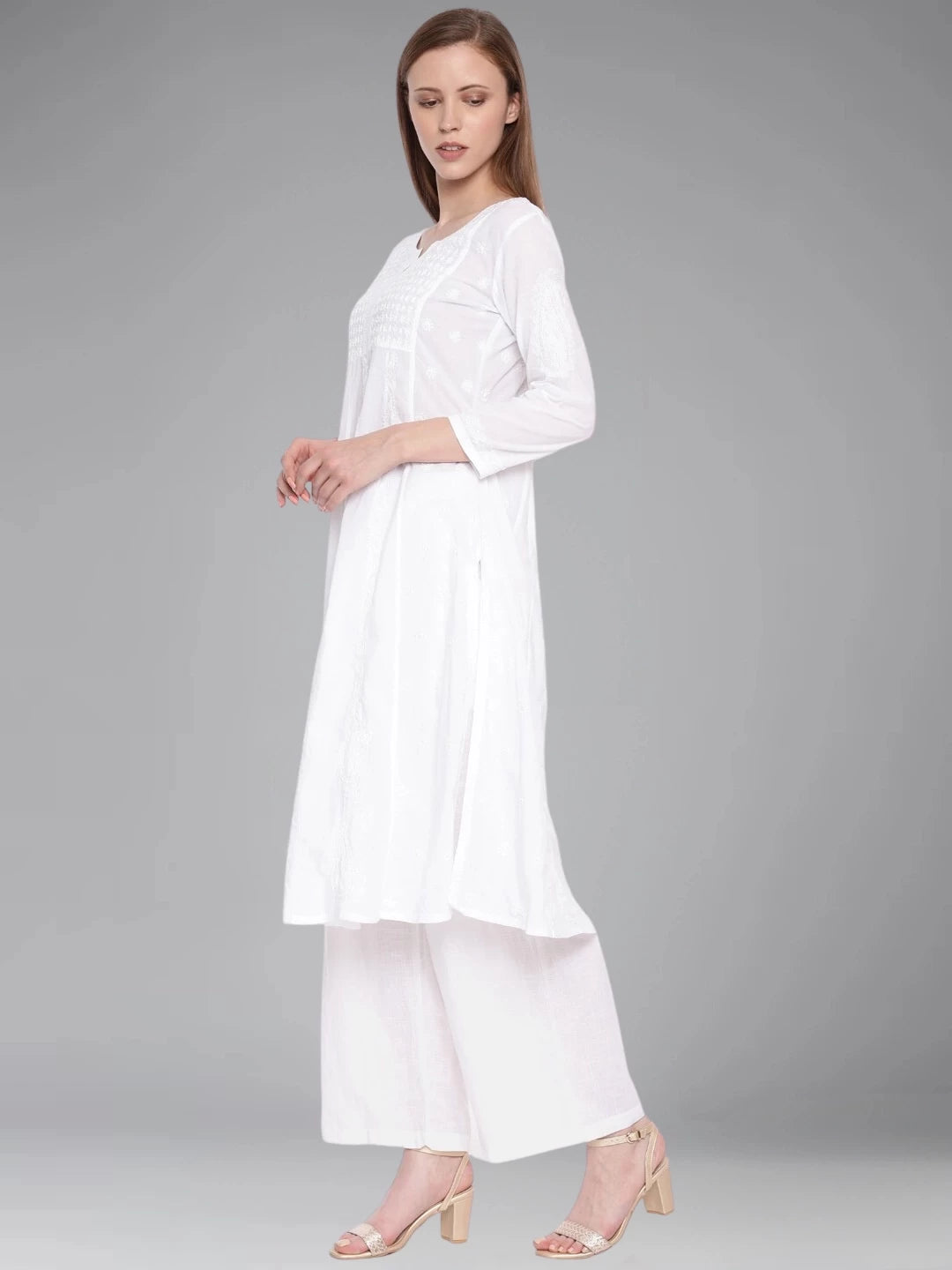 Ada Hand Embroidered White Cotton Lucknowi Chikankari Straight Kurta A100142