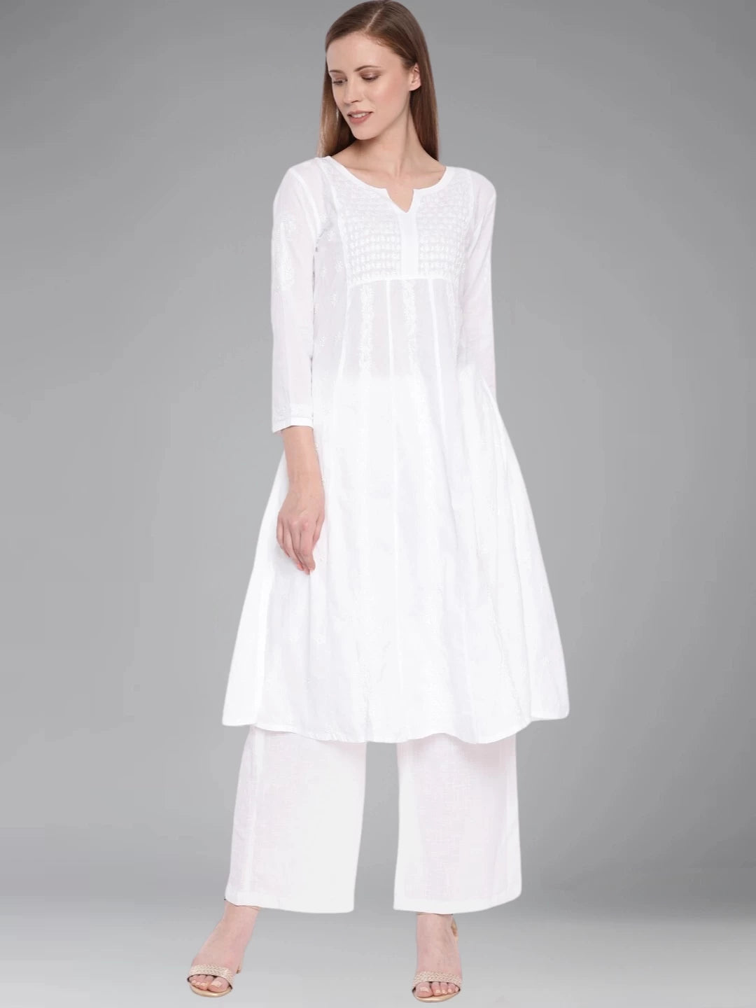 Ada Hand Embroidered White Cotton Lucknowi Chikankari Straight Kurta A100142