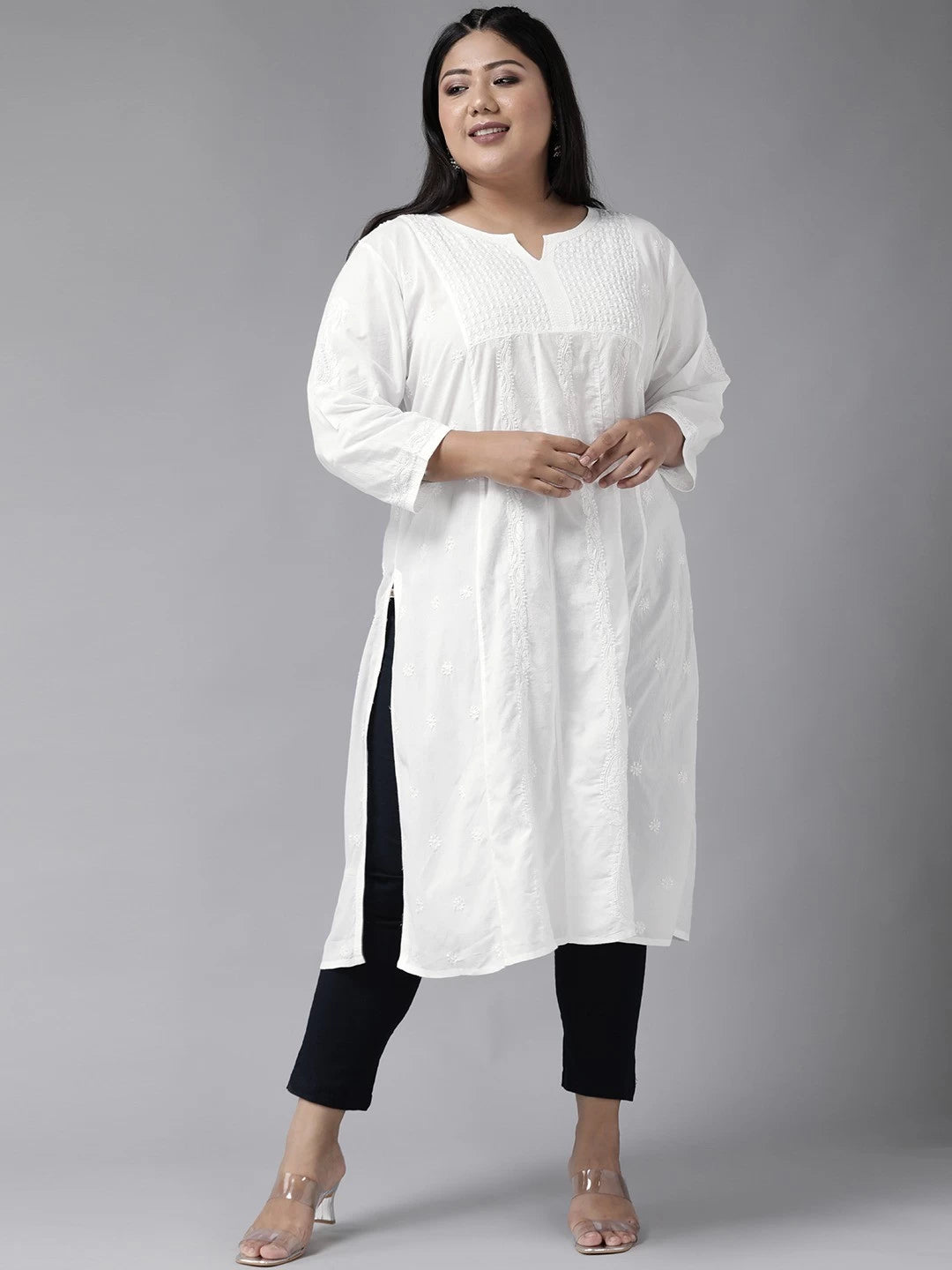 Ada Hand Embroidered White Cotton Lucknowi Chikankari Straight Kurta A100142