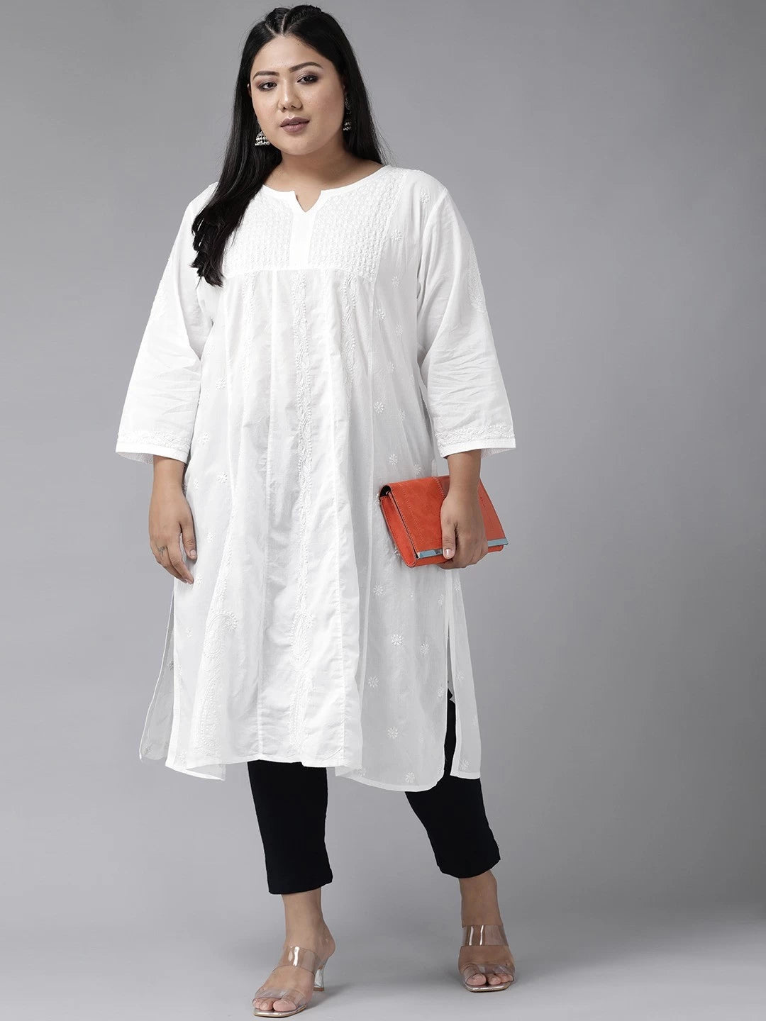 Ada Hand Embroidered White Cotton Lucknowi Chikankari Straight Kurta A100142