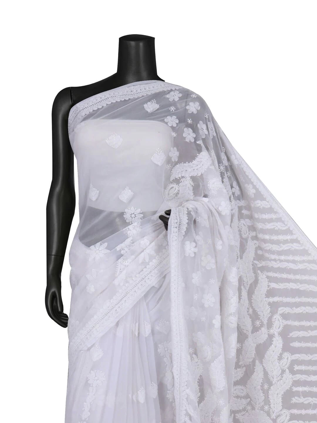 Ada Hand Embroidered White Georgette Lucknowi Chikankari Saree With Blouse 01A261994