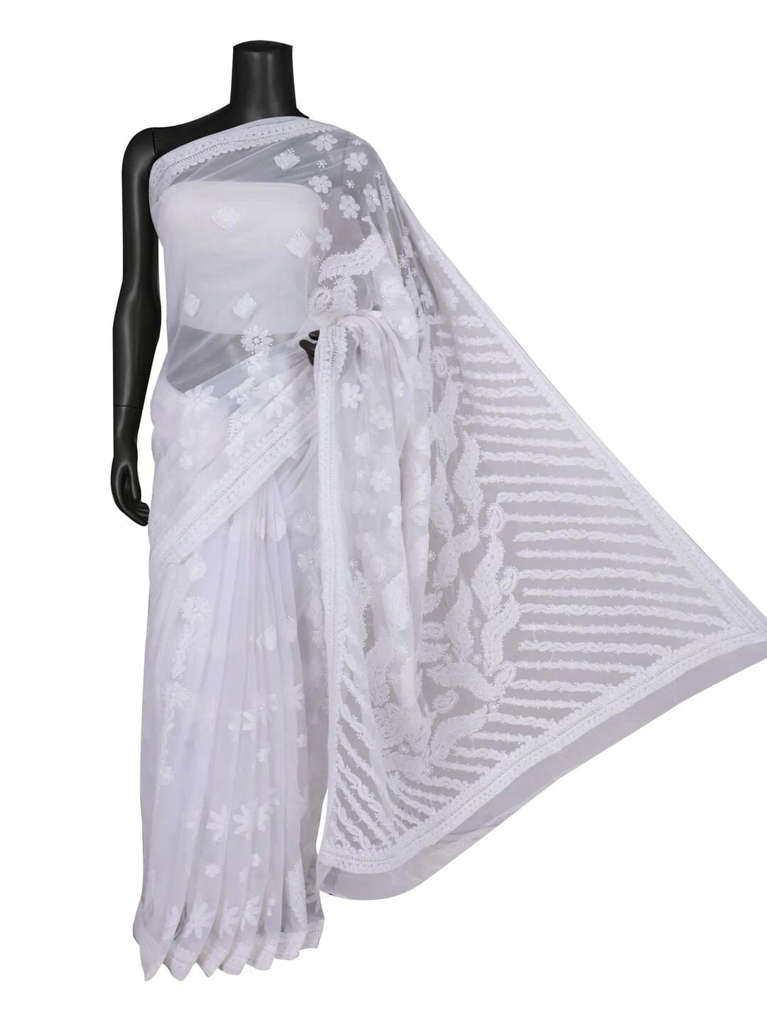 Ada Hand Embroidered White Georgette Lucknowi Chikankari Saree With Blouse 01A261994