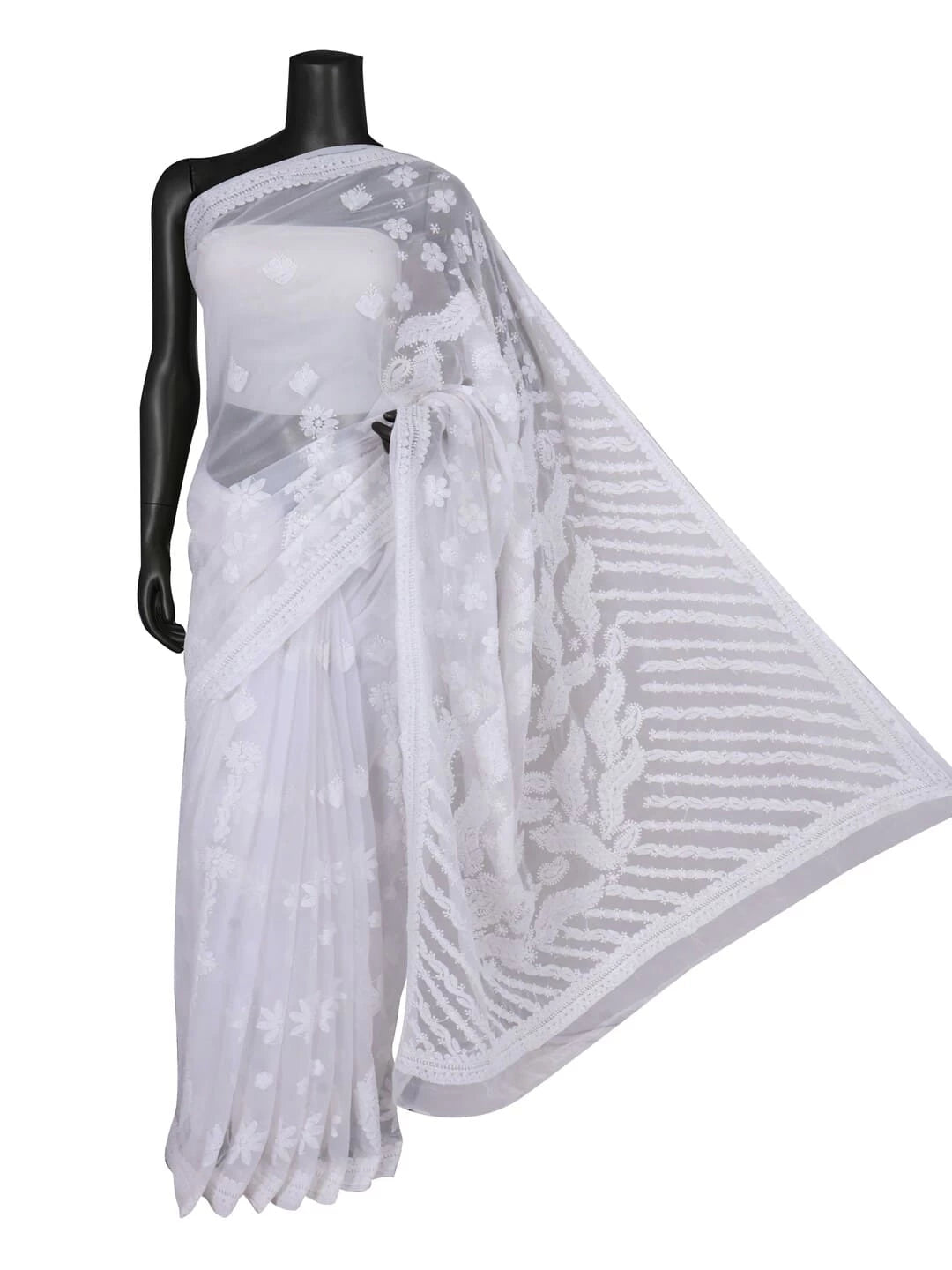 Ada Hand Embroidered White Georgette Lucknowi Chikankari Saree With Blouse 01A261994