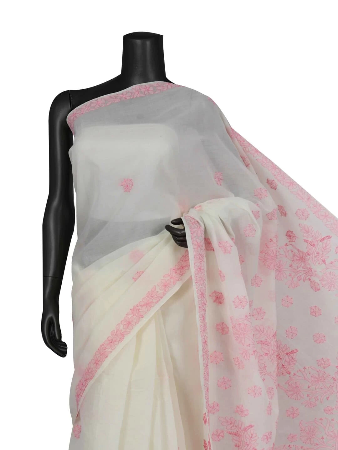 Ada Hand Embroidered Cream Cotton Lucknowi Chikankari Saree With Blouse 01A218518