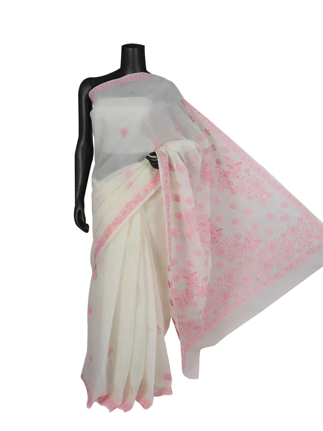 Ada Hand Embroidered Cream Cotton Lucknowi Chikankari Saree With Blouse 01A218518