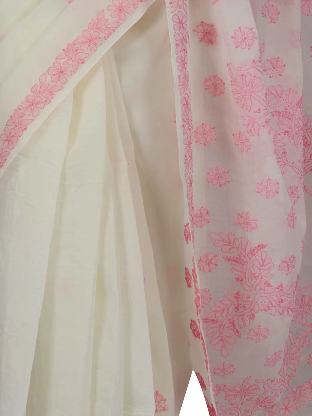 Ada Hand Embroidered Cream Cotton Lucknowi Chikankari Saree With Blouse 01A218518