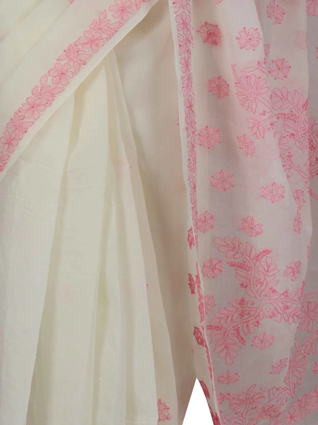Ada Hand Embroidered Cream Cotton Lucknowi Chikankari Saree With Blouse 01A218518