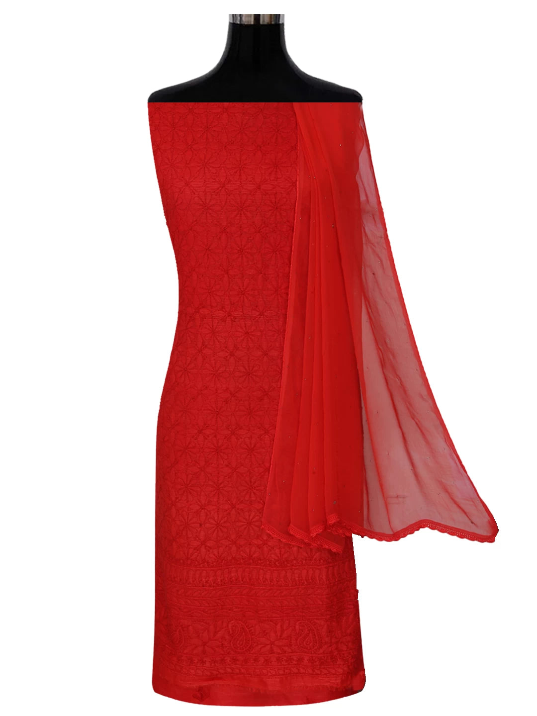 Ada Hand Embroidered Red Silk Lucknowi Chikankari Unstitched Suit Piece 01A256994