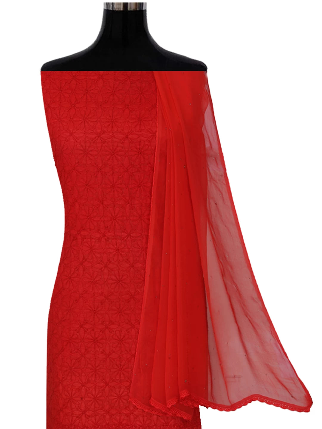 Ada Hand Embroidered Red Silk Lucknowi Chikankari Unstitched Suit Piece 01A256994