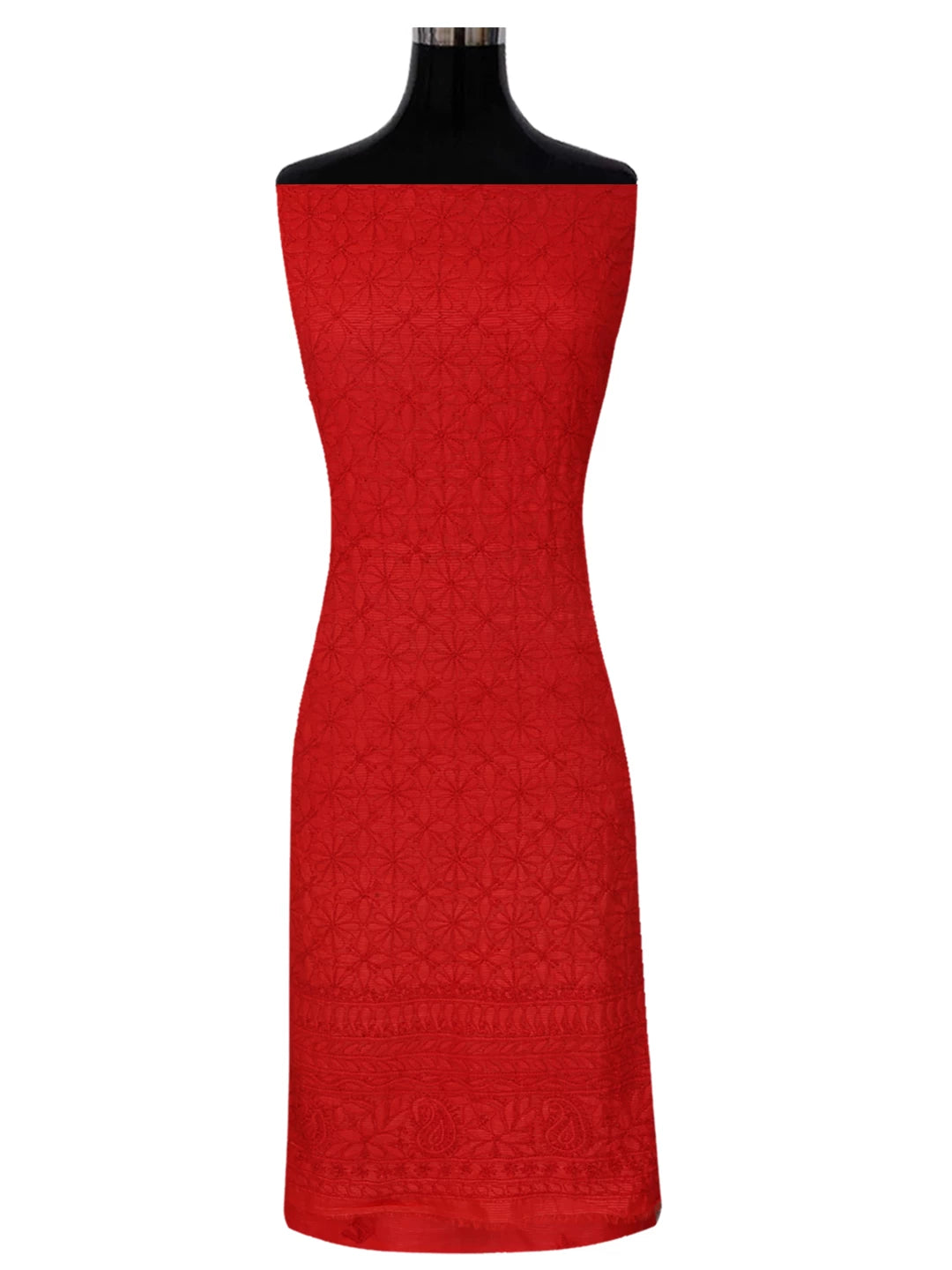 Ada Hand Embroidered Red Silk Lucknowi Chikankari Unstitched Suit Piece 01A256994