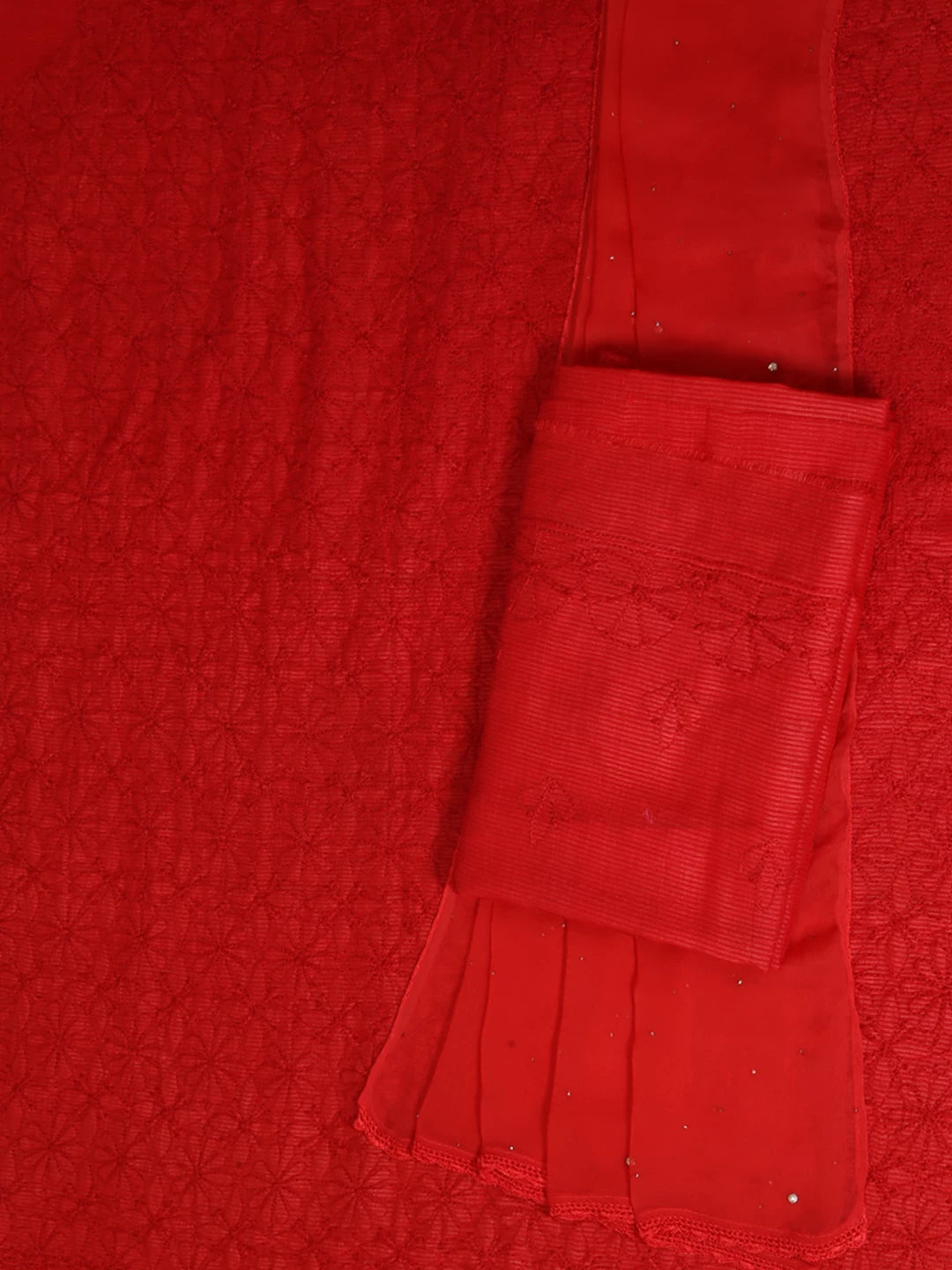 Ada Hand Embroidered Red Silk Lucknowi Chikankari Unstitched Suit Piece 01A256994