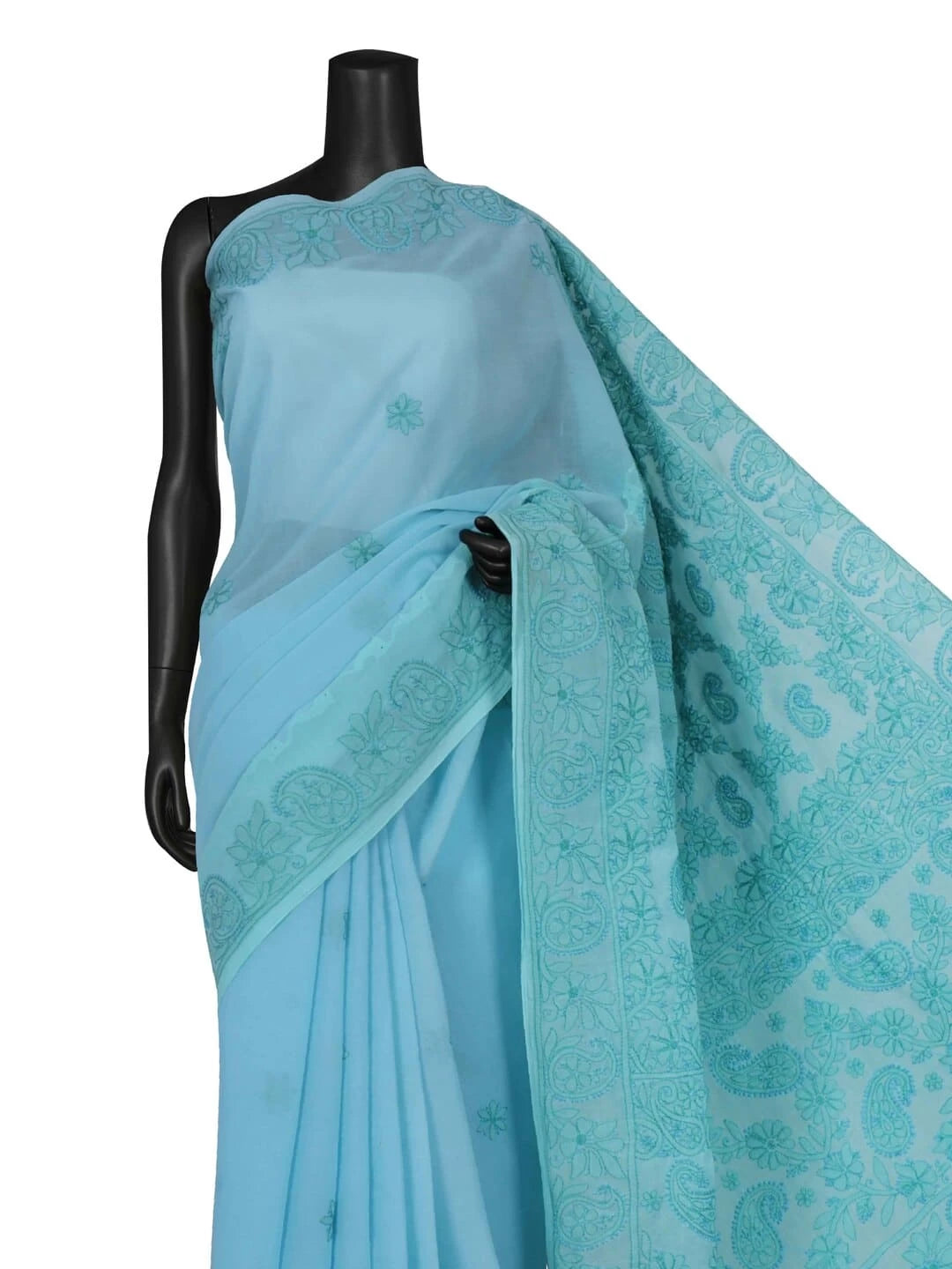 Ada Hand Embroidered Blue Cotton Lucknowi Chikankari Saree With Blouse A607333