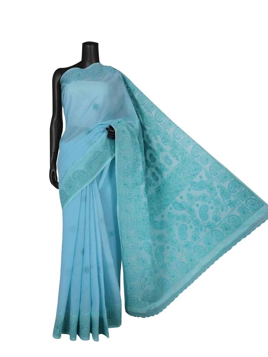 Ada Hand Embroidered Blue Cotton Lucknowi Chikankari Saree With Blouse A607333