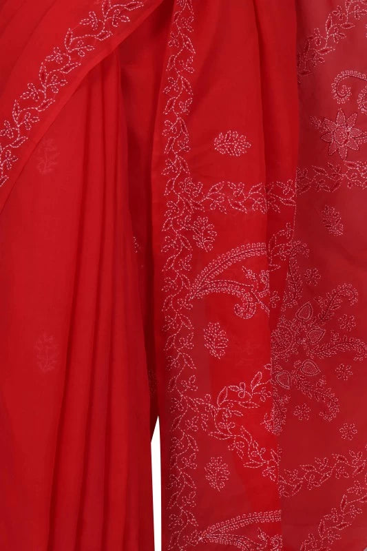Ada Hand Embroidered Red Cotton Lucknowi Chikankari Saree/Blouse With Cutdana Work 01A143899