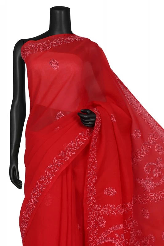 Ada Hand Embroidered Red Cotton Lucknowi Chikankari Saree/Blouse With Cutdana Work 01A143899
