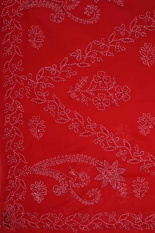 Ada Hand Embroidered Red Cotton Lucknowi Chikankari Saree/Blouse With Cutdana Work 01A143899