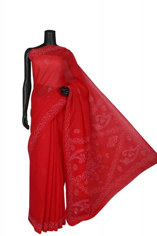 Ada Hand Embroidered Red Cotton Lucknowi Chikankari Saree/Blouse With Cutdana Work 01A143899