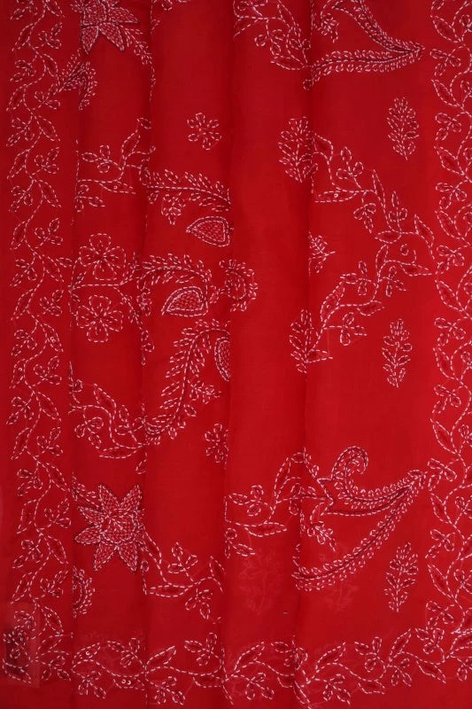 Ada Hand Embroidered Red Cotton Lucknowi Chikankari Saree/Blouse With Cutdana Work 01A143899