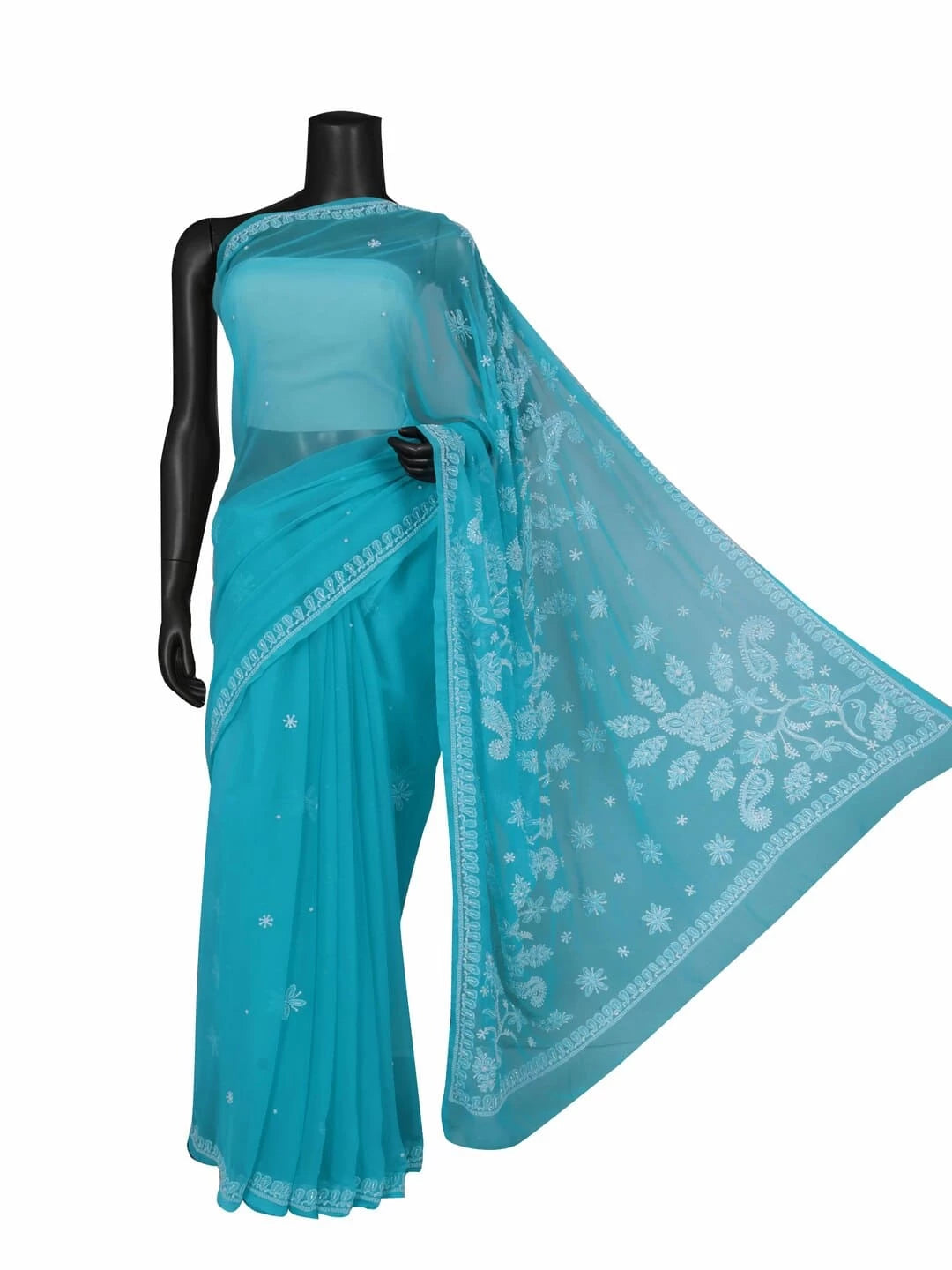 Ada Hand Embroidered Blue Georgette Lucknowi Chikankari Saree/Blouse With Pearl Work A549891
