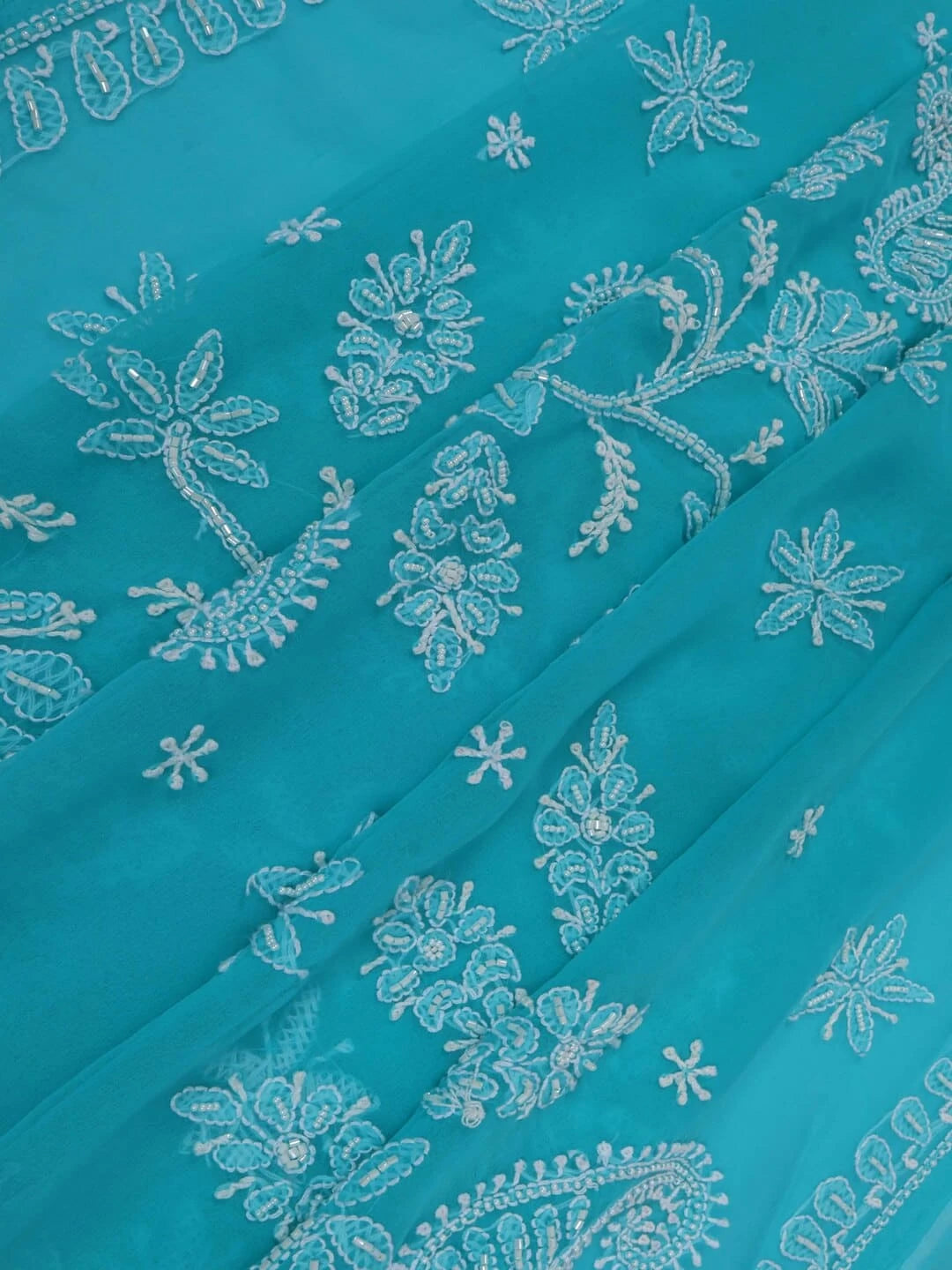 Ada Hand Embroidered Blue Georgette Lucknowi Chikankari Saree/Blouse With Pearl Work A549891
