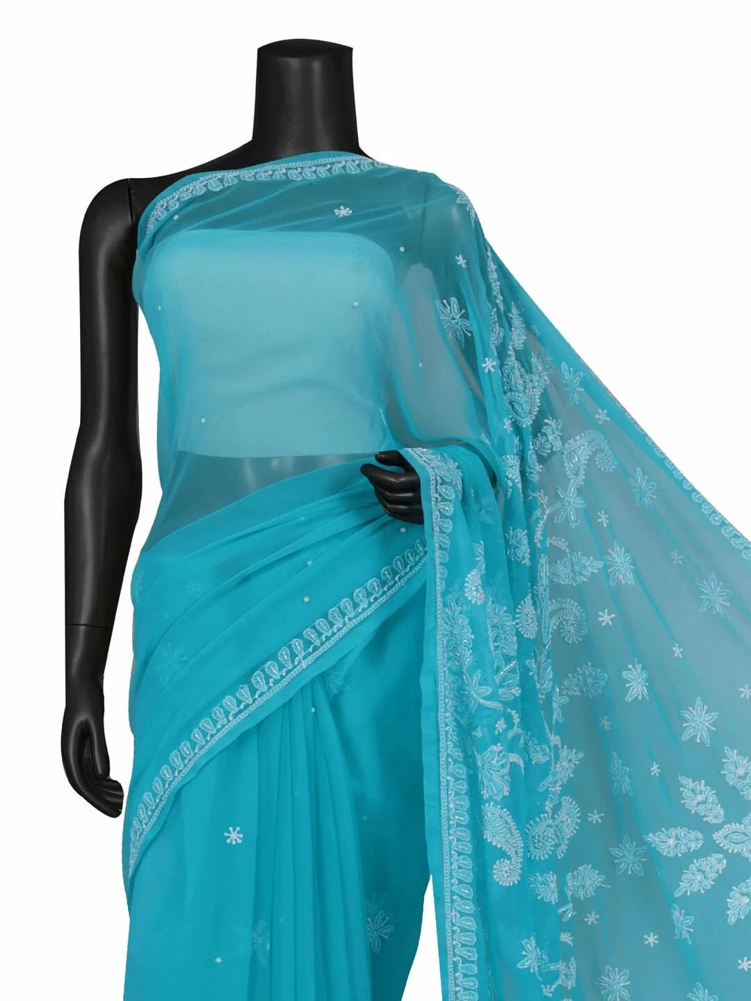 Ada Hand Embroidered Blue Georgette Lucknowi Chikankari Saree/Blouse With Pearl Work A549891