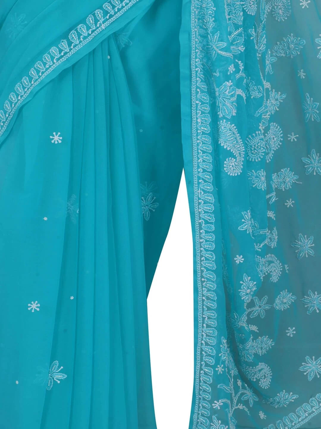 Ada Hand Embroidered Blue Georgette Lucknowi Chikankari Saree/Blouse With Pearl Work A549891
