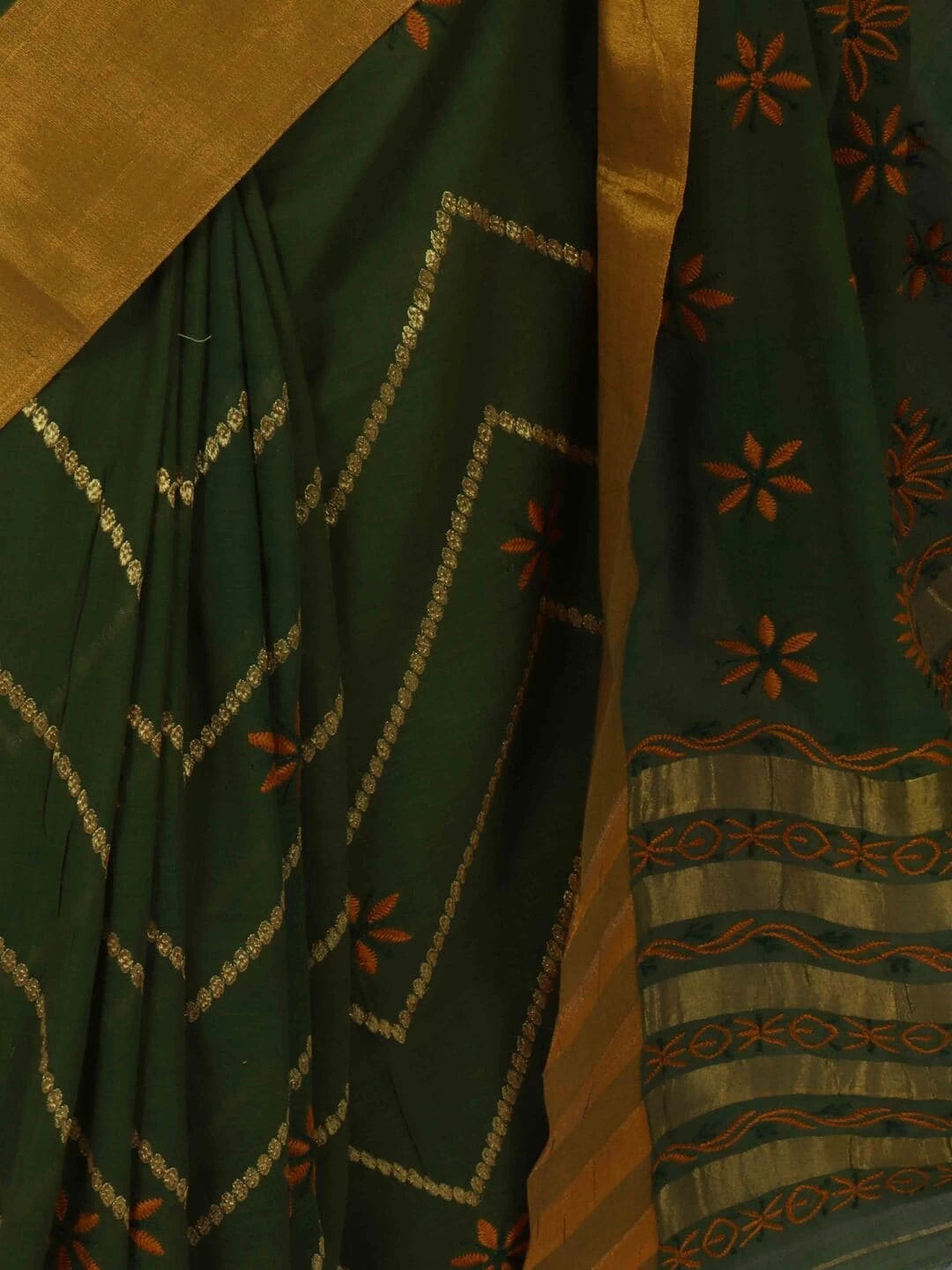 Ada Hand Embroidered Moss Green Cotton Lucknowi Chikankari Saree/Blouse With Zari Work A611989
