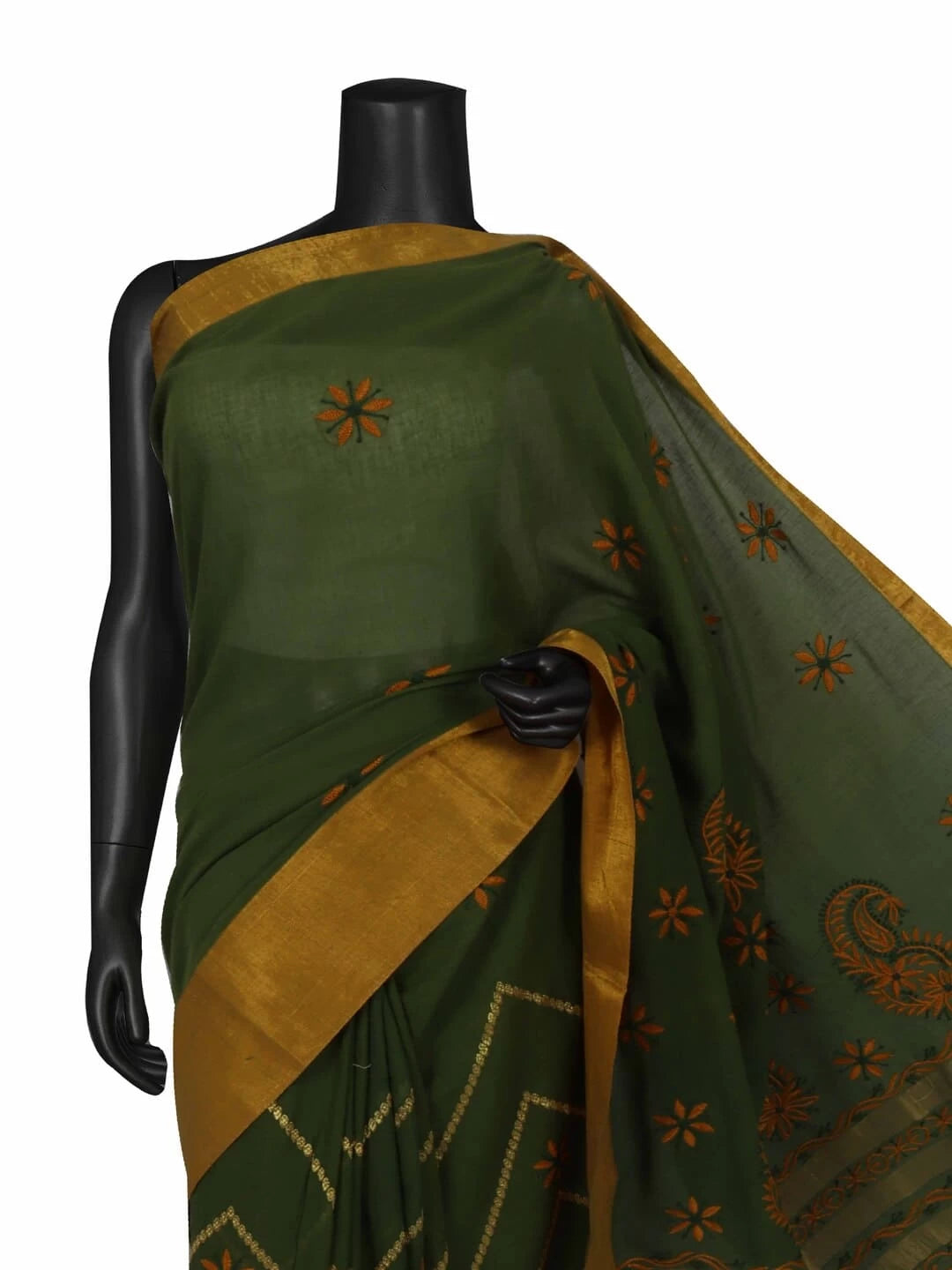 Ada Hand Embroidered Moss Green Cotton Lucknowi Chikankari Saree/Blouse With Zari Work A611989