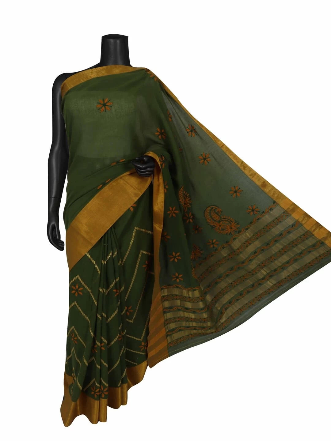 Ada Hand Embroidered Moss Green Cotton Lucknowi Chikankari Saree/Blouse With Zari Work A611989