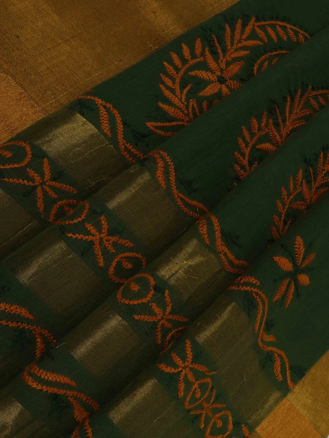 Ada Hand Embroidered Moss Green Cotton Lucknowi Chikankari Saree/Blouse With Zari Work A611989