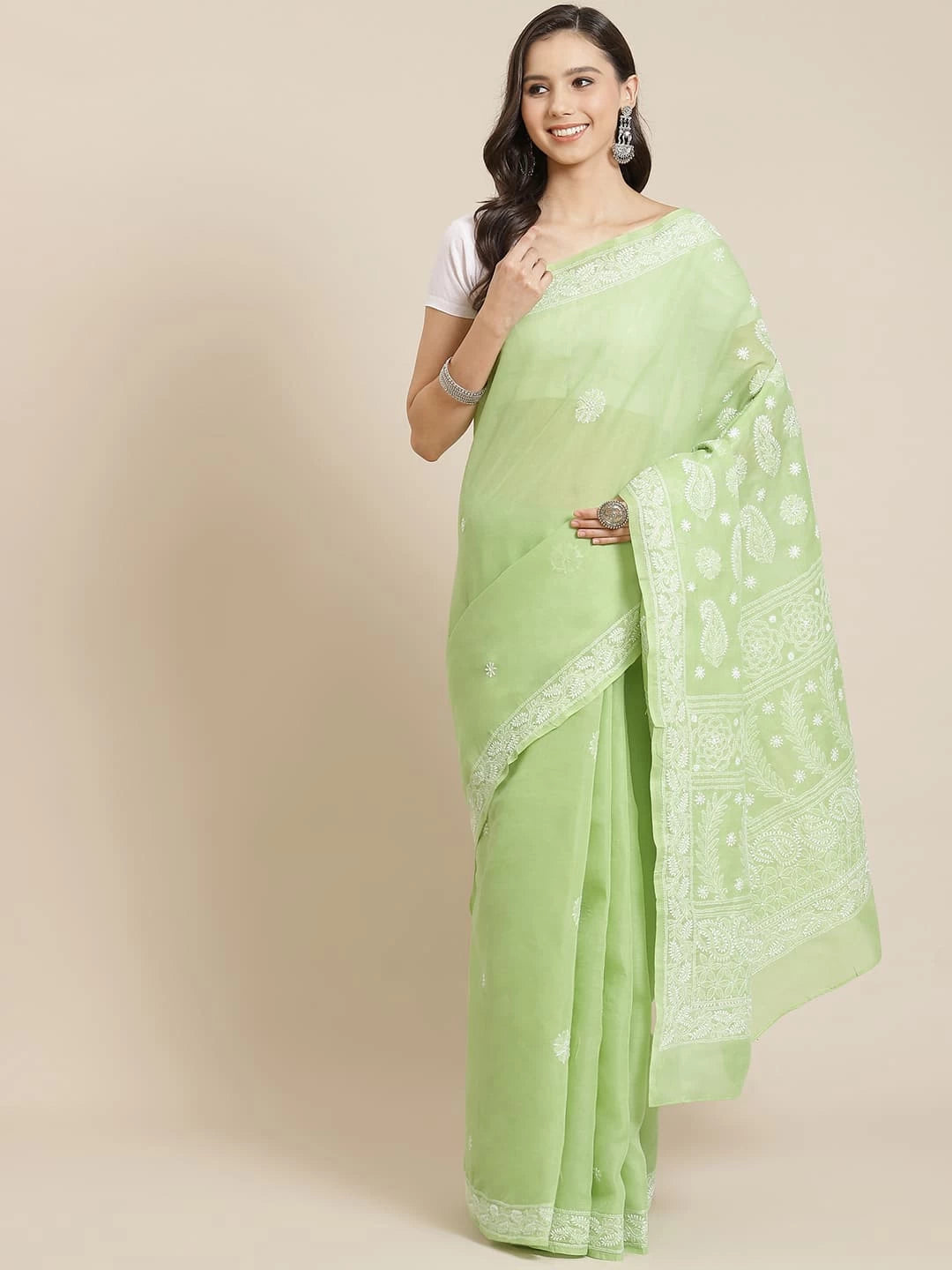 Ada Hand Embroidered Green Cotton Lucknow Chikankari Saree With Blouse A311334