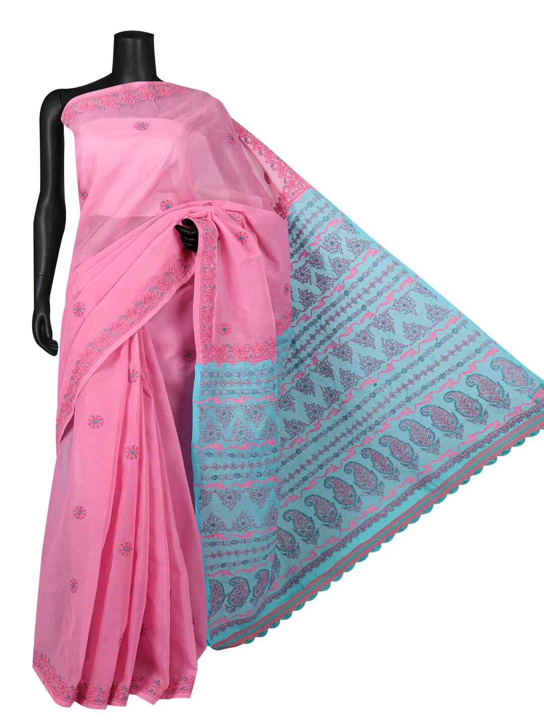 Ada Hand Embroidered Blue Cotton Lucknowi Chikankari Saree With Blouse A173192